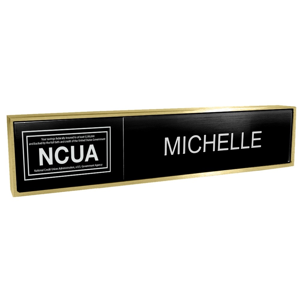 Aluminum Desk Bar - 1/3 NCUA & 2/3 Nameplate - Satin Brass - Black Insert w/ White Text