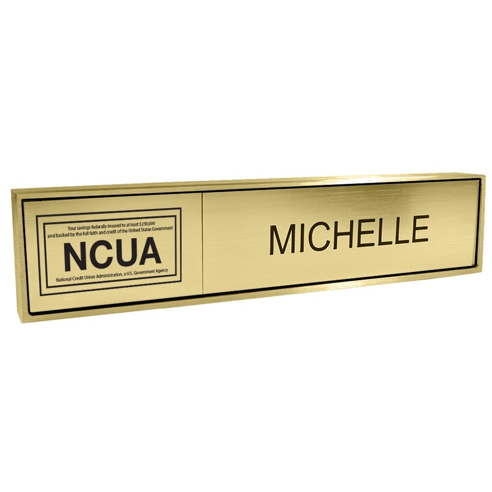 Aluminum Desk Bar - 1/3 NCUA & 2/3 Nameplate - Satin Brass - Gold Insert w/ Black Text