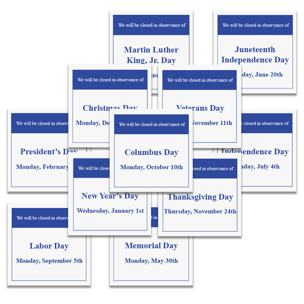 2024 HOLIDAY CLOSING WINDOW CLING SET 3.5W X 3.5H – Made-to-Order