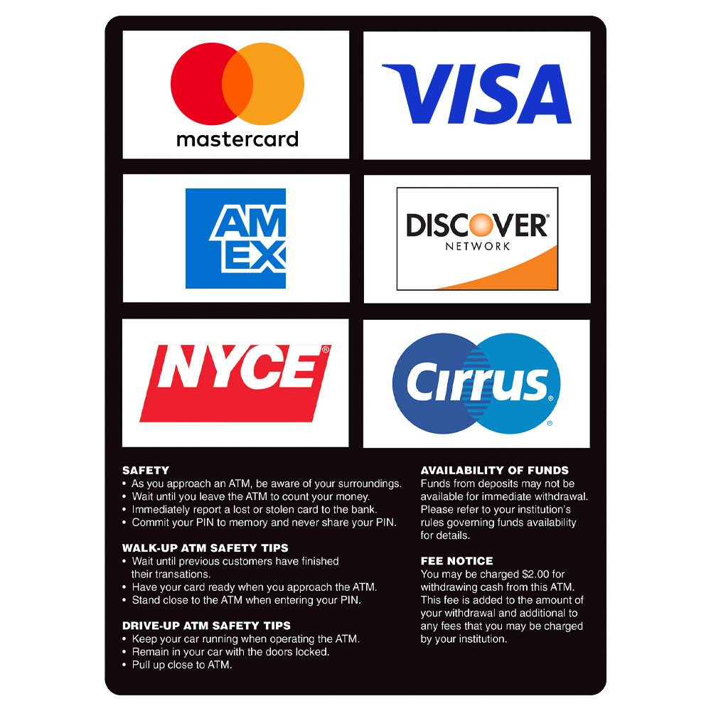 ATM Card Acceptance Sign, 6 Logo w/ Policies, 7-3/4Wx10-3/4H 