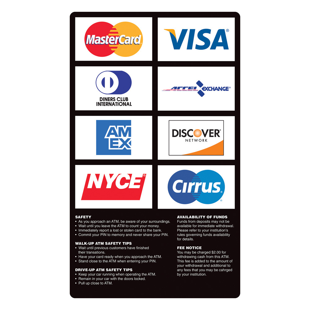 ATM Card Acceptance Sign, 8 Logo w/ Policies, 7-3/4Wx13H