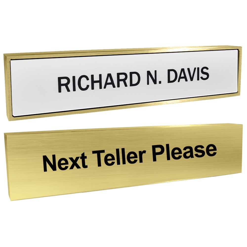 Aluminum Desk Bar - Next Teller Please - 1/3 FDIC & 2/3 Nameplate - Satin Brass - White Insert w/ Black Text 