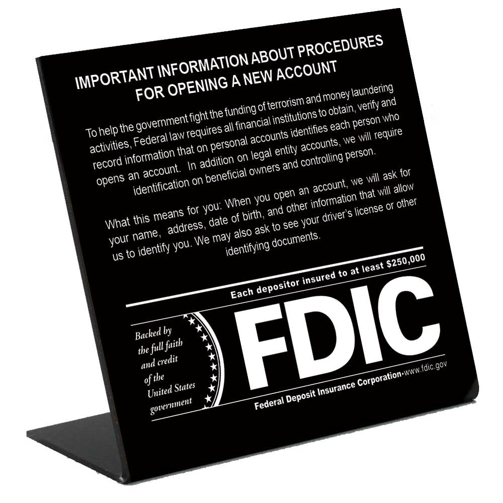 Patriot Act Counter Sign with FDIC Logo 7W x 6-1/2H - Matte Black