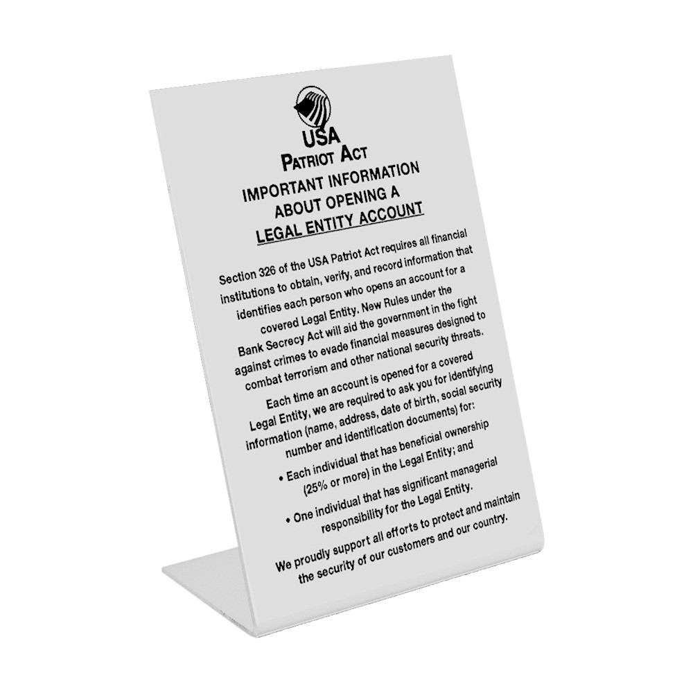 White Patriot Act (Beneficial Owner) Easel Sign - 6W x 9H 