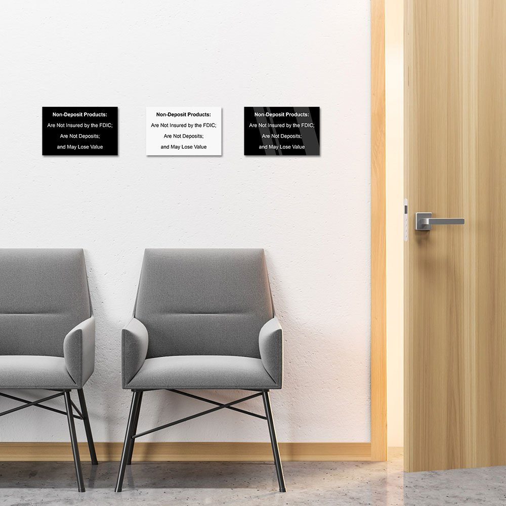 Mandatory Non-Deposit Products hanging on wall above chairs