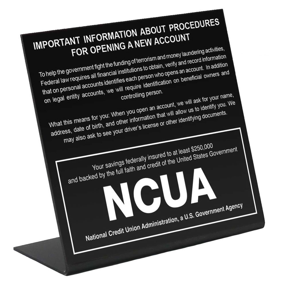 Patriot act with NCUA insignia - Matte black easel style sign 