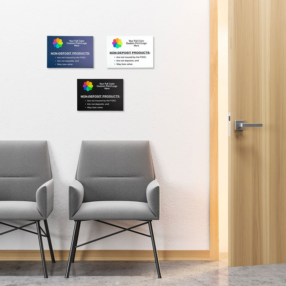 Customizable Full-Color Non-Deposit Products Wall Sign - 8W x 5-1/25H hanging on wall above chairs
