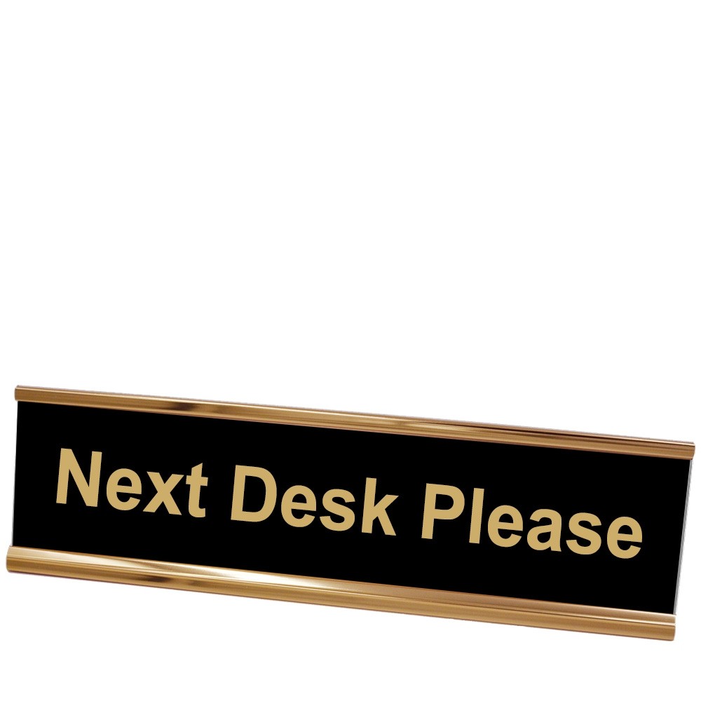 Next Desk Please Desk Plate - Rose Gold Frame - Black w/ Gold Text - 8W x 2H