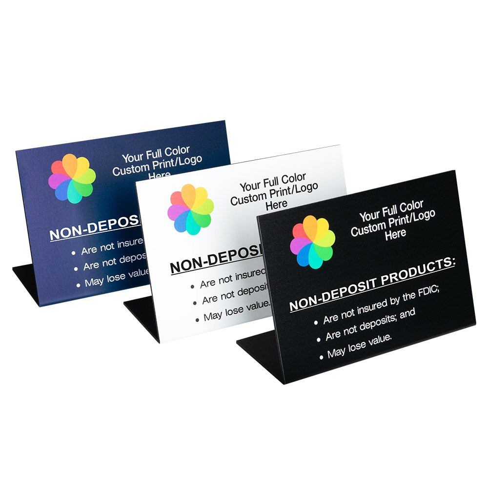 Full-Color Customizable Non-Deposit Products Bend Back Counter Sign - 8W x 5-1/2H - Shown with multiple background and font colors 