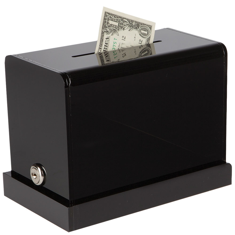 Keyed Alike - Black Acrylic | Locking Counter Mount Tip Box - 7-3/4W x 6H x 4-1/4D - Includes Mounting Bracket (Default)