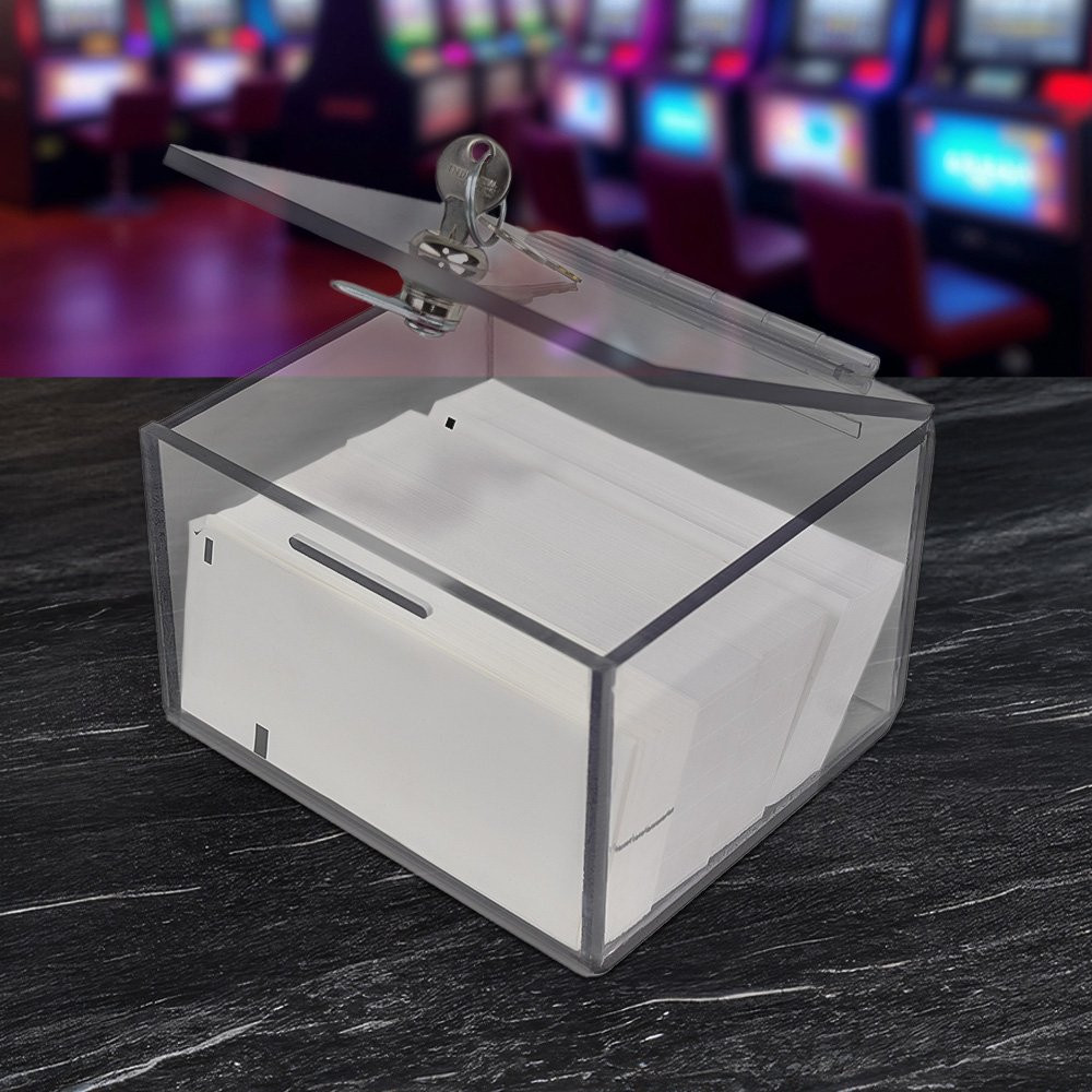 Clear Polycarbonate TITO Slot Ticket Paper Box with Keyed Differently Lock - In use