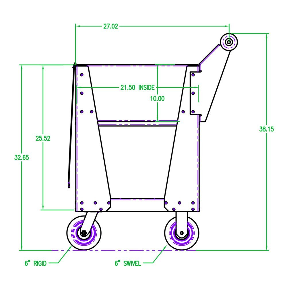 Side view diagram and measurements of Model HC310 Small Fill Cart - 18-3/4W x 32-3/4H x 22D