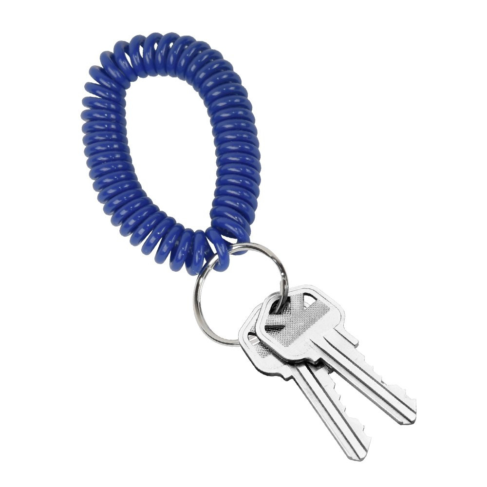 Blue Ready to Ship Wrist Coil Keychains shown in use with keys attached