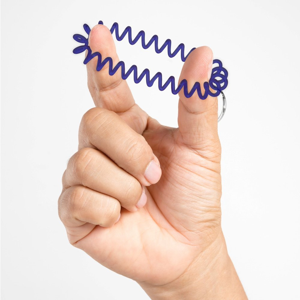 lifestyle image shown with persons hand flexing Blue Ready to Ship Wrist Coil Keychains 