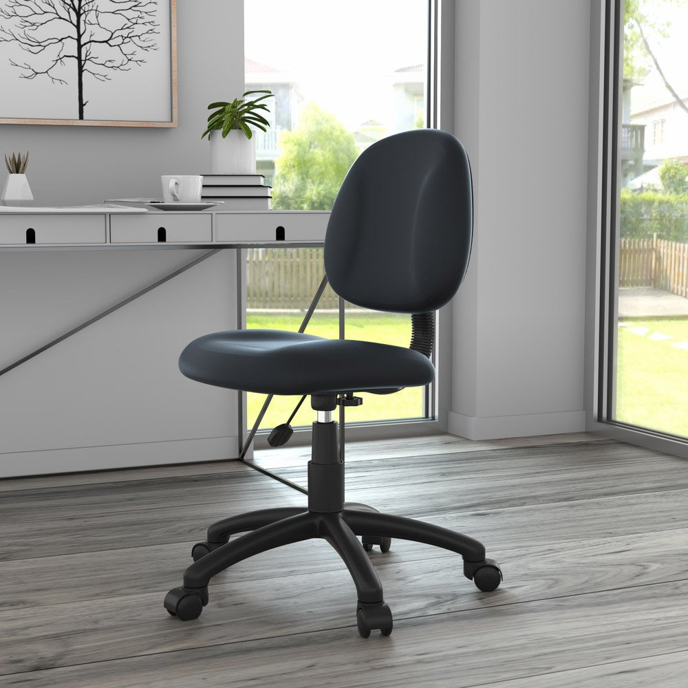 Ergonomic Task Chairs Shown In Black Without Arms In an Office Space