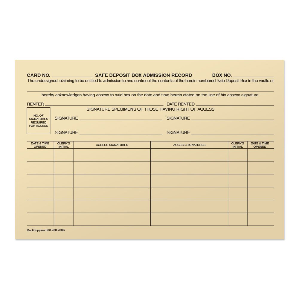 Safe Deposit Access Cards Displaying Front