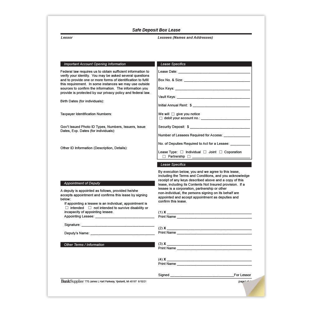  2-Part Safe Deposit Box Lease Form