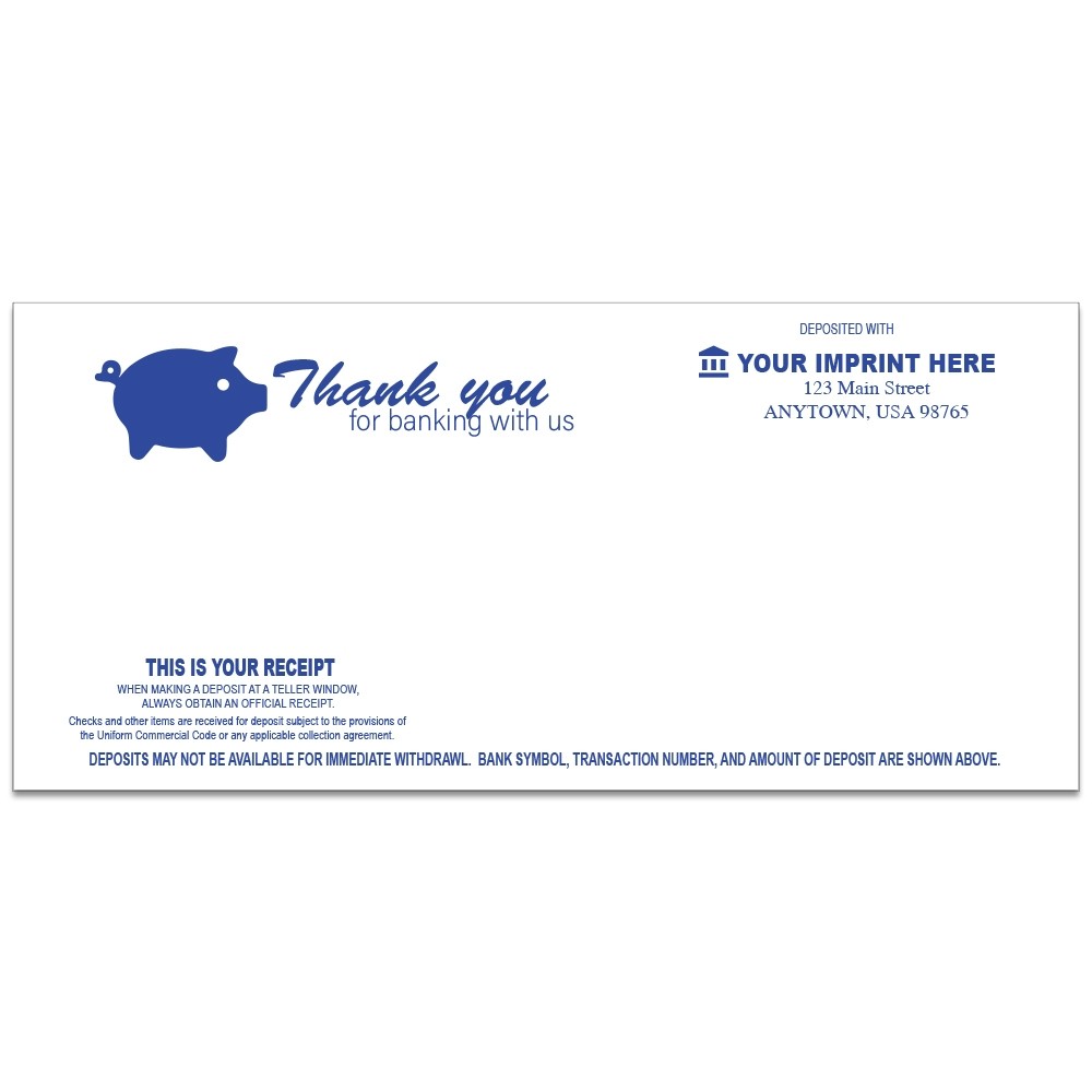 1-Color Piggy Teller Receipts - 6W x 2-3/4H, banking supplies, teller window envelopes