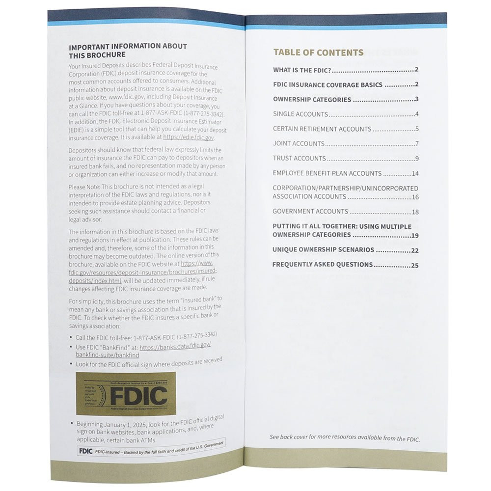 Table of contents - FDIC Booklet - Your Insured Deposits - 30 Pages