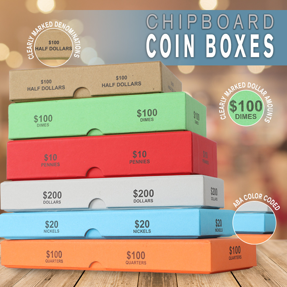 chipboard coin boxes- clearly marked denominations,clearly marked amounts, ABA color coded 