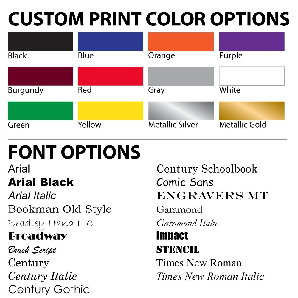 Imprint Color Options and Font Options