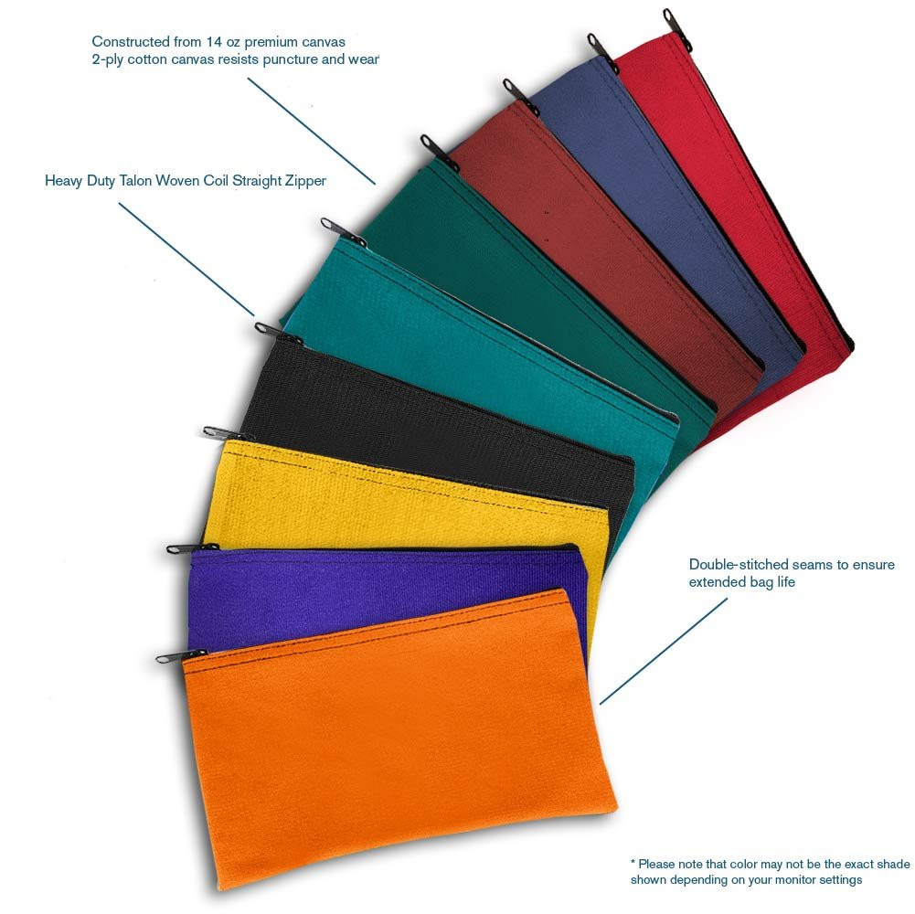 Infographic- constructed from 14 oz. premium canvas 2-ply cotton canvas resists puncture and wear; Heavy-duty talon woven coil straight zipper; Double-stitched seams to ensure extended bag life.