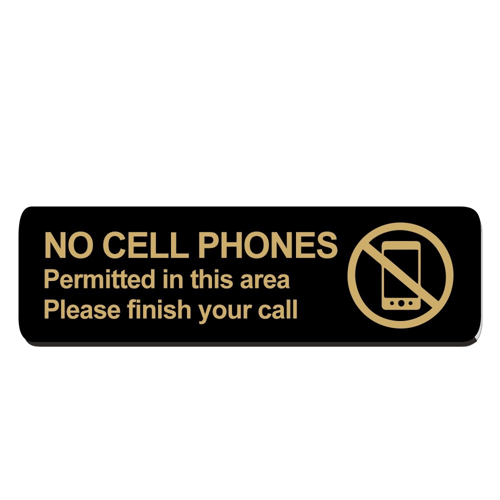 No Cell Phones Permitted Sign- 10W x 3H - Black w/ Gold Text - Velcro®
