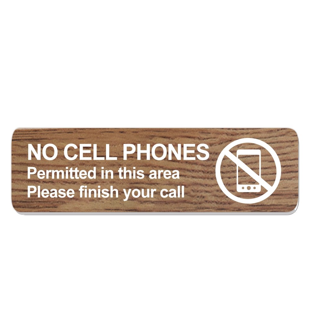 No Cell Phones Permitted Sign- 10W x 3H - Walnut w/ White Text - Fabric Pin