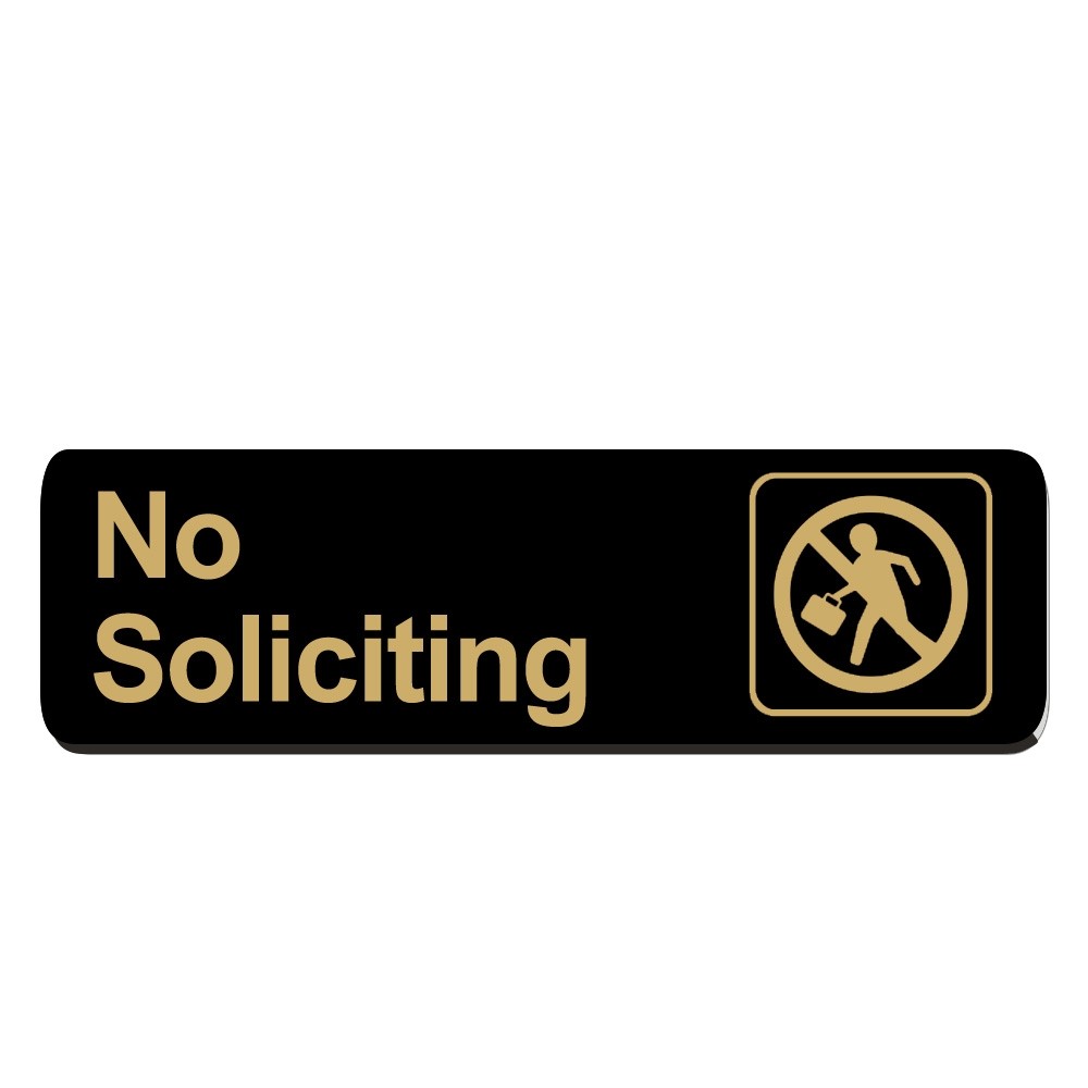 No Soliciting Sign - Black w/ Gold Text - Velcro® - 10W x 3H