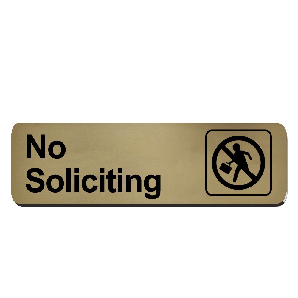 No Soliciting Sign - Gold w/ Black Text - Velcro® - 10W x 3H 