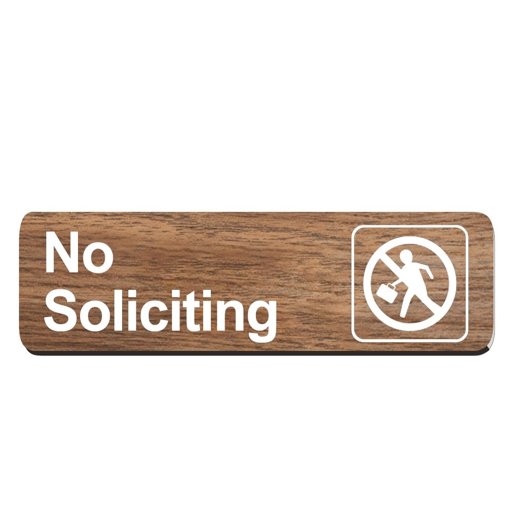 No Soliciting Sign - Walnut w/ White Text - Velcro® - 10W x 3H