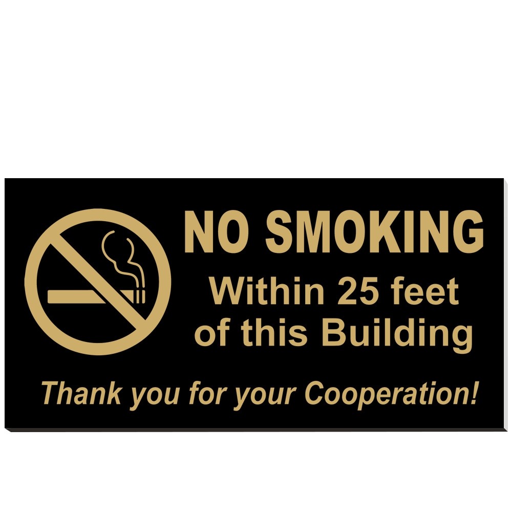 Customized No Smoking Sign - 12W x 6H - Black w/ Gold Text - Fabric Pins
