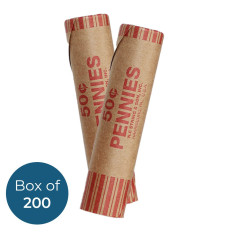 Cartridge Pre-Crimped Penny Coin Wrappers - Kraft Rolls - Box of 200 - with label two rolls