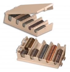 Clam Shell Coin Holder shown open with coin in slots 