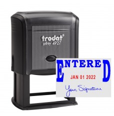 Self-Inking Signature Stamp - Entered w/ Date - Blue w/ Red - 2-1/4 x 1-1/2