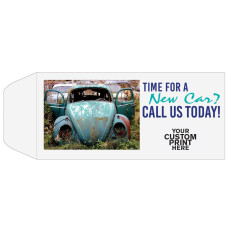 Full Color Pre-Designed Drive Up Envelope - Time for a New Car, Standard open Cash envelopes for drive up bank tellers  with imprint location 