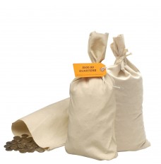 Cotton Canvas coin Bags - 9W x 17-1/2H; 3 shown, 2 standing and 1 laying with coin in the fabric coin bag 