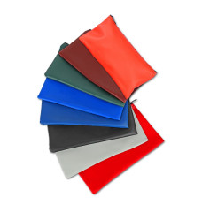 Vinyl Zipper Bags 11W x 6H - Ready to Ship showning reddish orange, burgundy, forest green, royal blue, navy blue, black, gray and red 