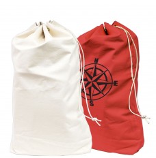 Plain white &  red Post Office Mail Bag with custom logo show nex to each other 