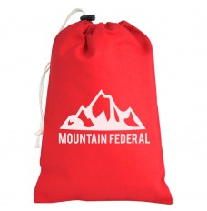 White custom imprint "Mountain Federal" on a red 8W x 12H 10oz Cotton Canvas Drawstring Bag