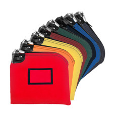 (8) 14oz Cotton Canvas Locking Deposit Bags shown fanned out – red, orange, yellow, burgundy, forest green, black, royal blue, and navy blue.