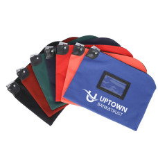 14oz Cotton Canvas Locking Deposit Bags shown fanned out – black, burgundy forest green, navy blue, red, orange, and royal blue with 1-color(white) imprint