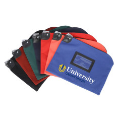 14oz Cotton Canvas Locking Deposit Bags shown fanned out – black, burgundy forest green, navy blue, red, orange, and royal blue shown with full-color imprint 