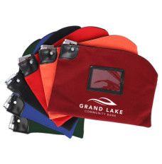 12W x 9H,14oz Cotton Canvas Locking Deposit Bags shown fanned out – black, royal blue, navy blue,  red, orange, and burgundy shown with 1 color imprint 