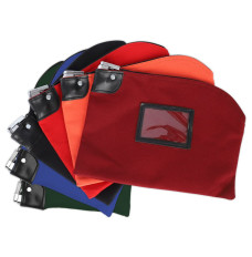 14oz Cotton Canvas Locking Deposit Bags shown fanned out – black, royal blue, navy blue,  red, orange, and burgundy