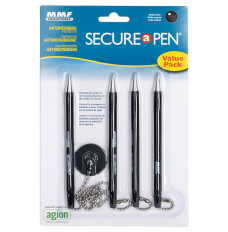 Front of packaging for 4-Pack | MMF Industries Secure-A-Pen Anti-Microbial Counter Pen w/ 24in. Ball Chain - Black Ink