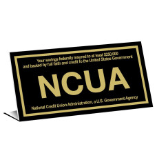 Bent teller sign - NCUA - Black with gold text 