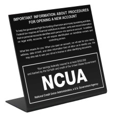 Patriot act with NCUA insignia - Matte black easel style sign 