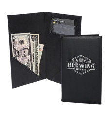 1-Color Imprint Leatherette Guest Check Presenter w/ Credit Card Pocket - 5.5W x 10H- Shown Open in Use and Closed