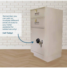 Fenco Pedestal with Limited Access Money Dropshown with key locking L-handle and mechanical combination Info Graphic
